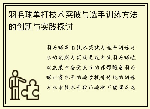 羽毛球单打技术突破与选手训练方法的创新与实践探讨