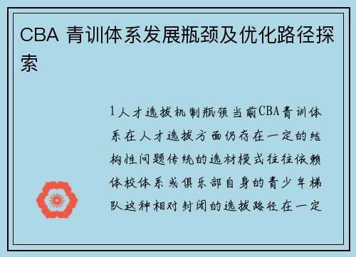 CBA 青训体系发展瓶颈及优化路径探索